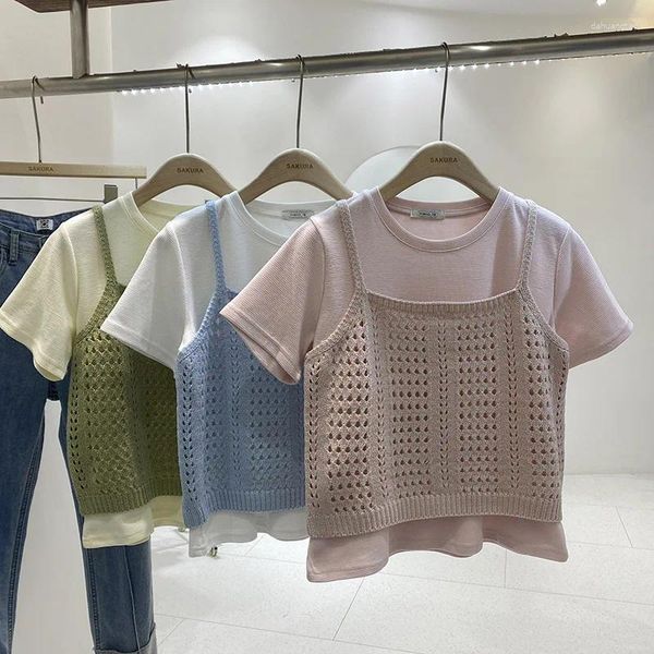 Frauen T-Shirts Einfache lässige Kurzarm Frauen T-Shirts 2024 Koreanische Mode gestrickt Camisole Tanp Top Sommer Solid Color Sweet Girl T-Shirts