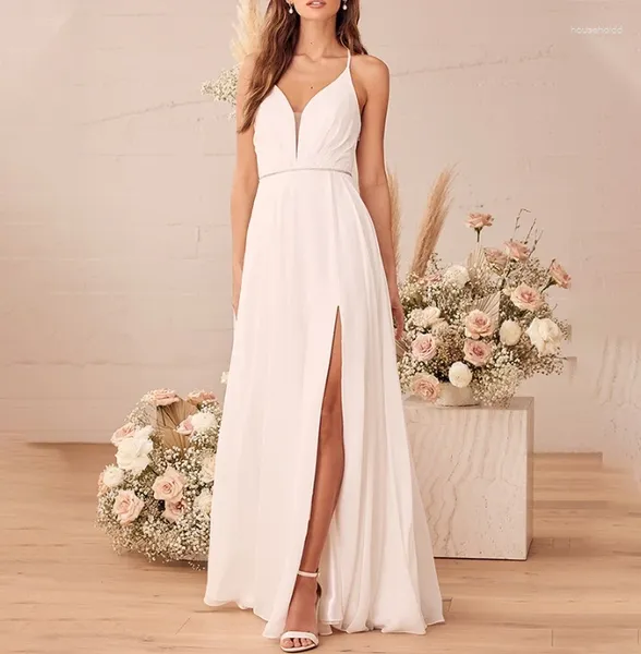 Abiti casual Fashion 2024summer Elegante festa serale Donne sexy in chiffon senza maniche abiti da sposa con coda lunga