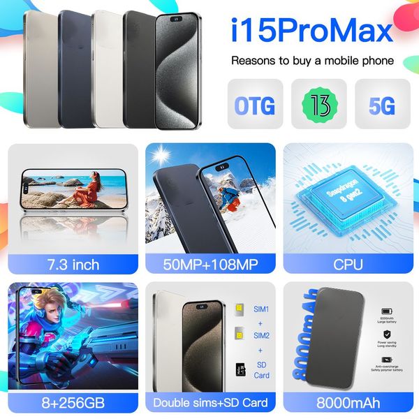 UPS gratuito I15 Promax 5G Smartphone Face ID 5G DECA CORE 256GB 6,8 pollici All Screen HD Android OS GPS WiFi 24 MP Smartphone Testured Matte Black