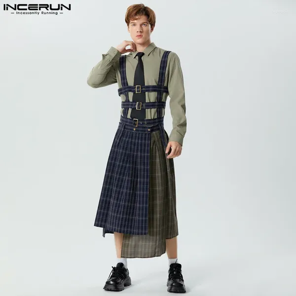 Herrenhosen 2024 Männer Plaid Overallits Röcke Patchwork Fashion Hosentender Unregelmäßige Rolpper losen lässige männliche Gurte Overalls S-5xl Incerun