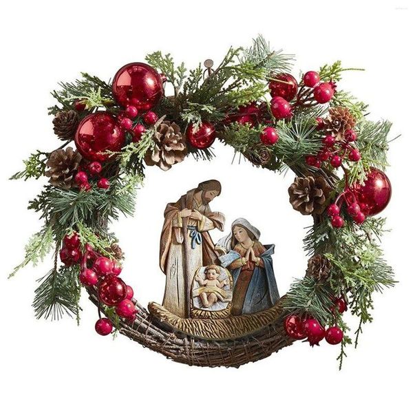 Dekorative Blumen Weihnachtskranz Tür Hängender Ornamente Künstliche Pflanze Rattan Kreis Wanddekoration Bild des jungfräulichen-mary Jesus