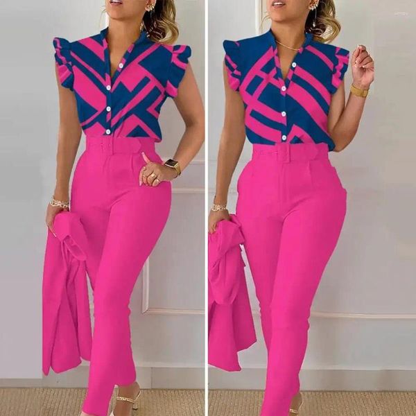 Frauen zweisteuelhafte Hosen Retro-Print V-Ausschnitt Anzug Farbe Passend ol