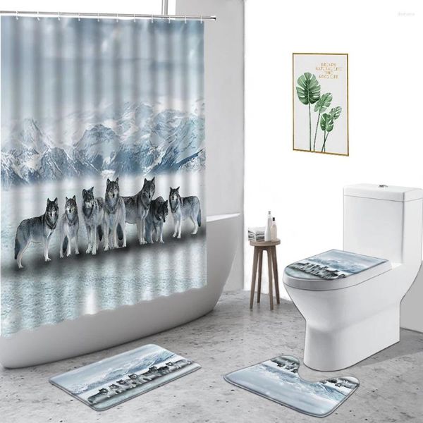 Duş Perdeleri 3D Kar Kurt Su geçirmez kar alanı vahşi hayvan baskı banyo seti kaymaz halı tuvalet kapak banyo perdesi