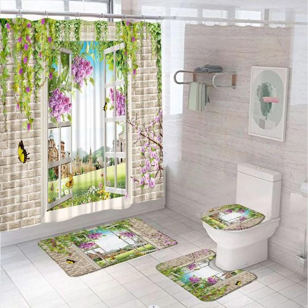 Duschvorhänge Frühlingslandschaft Vorhang Sets Wand Ziegel Blume Grüne Rebe Schmetterling Fenster Badezimmer Bad Matte Teppich Deckel Toilettenabdeckung