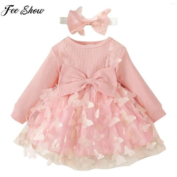 Mädchenkleider Kind Mädchen süße Taufe Geburtstagsfeier Kleid Langarm Bowknot Weiche Baumwollnetz Tutu mit Stirnband Valentinstag Ball Gow