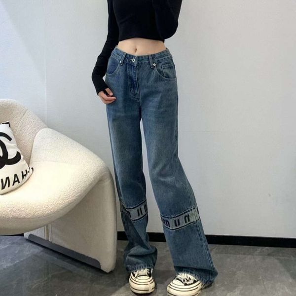 M MIAO 24SS Patchwork Mektubu Nakış Tasarımı Düz ​​Bacak Uzun Pantolon Yüksek Belli Çok Yerli Kotlar Kadınlar İçin