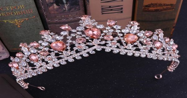 Kmvexo barroco de ouro rosa rosa cristalina tiaras coroas shinestone diadema para bandeiras da noiva real acessórios de cabelo de casamento y25263912