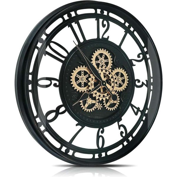 Relógio de parede de engrenagens em movimento real - grande relógio de metal moderno para decoração da sala de estar - Relógio rústico vintage do steampunk industrial para decoração da casa da fazenda