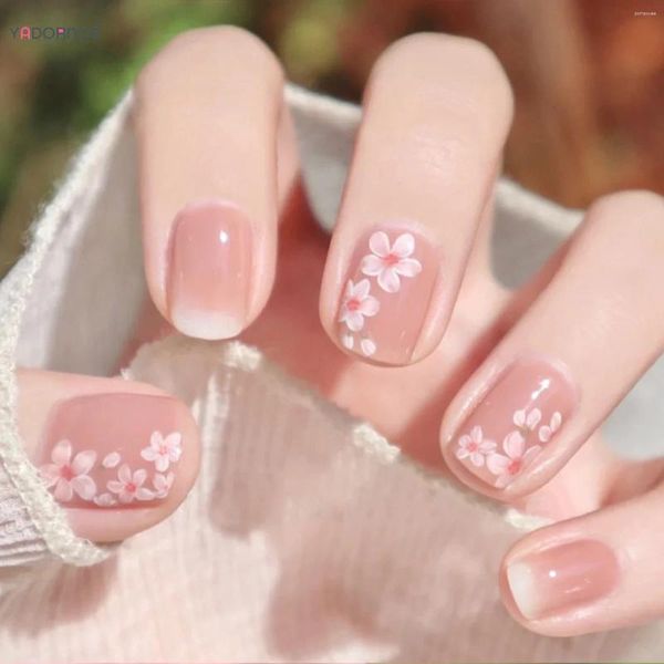 Falsche Nägel rosa kurz quadratische Fake Fake Flower Designs Gradientenfarbe Presse auf DIY Maniküre für Frauen Mädchen künstliche Fingernägel