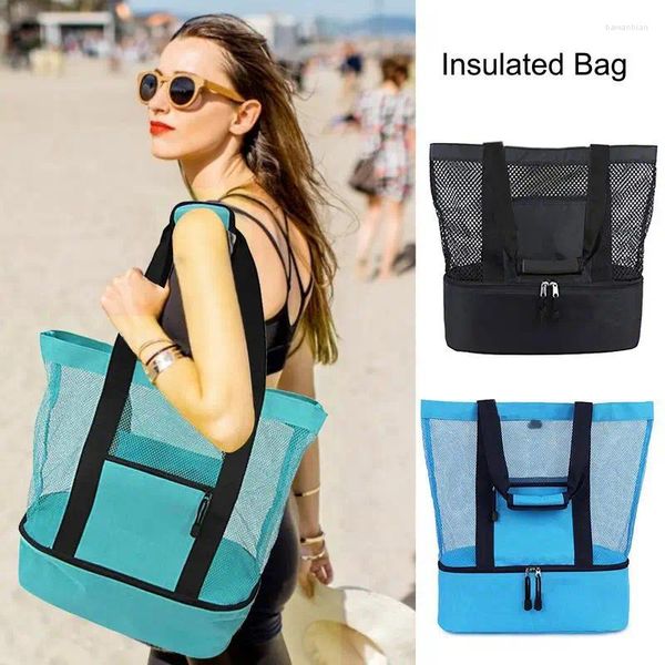 Bolsas de armazenamento Mesh Bolsa de praia Almoço acampamento Dual Compartamento Dual Picnic Cooler Dobrado em um mini tamanho