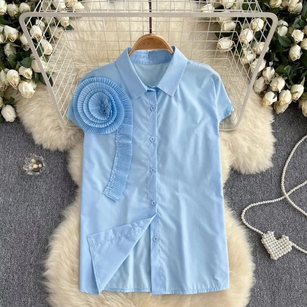 Frauenblusen koreanischer Sommer plissierter dreidimensionaler Blumenrüschen locker Hemd Kurzärmel Einer Brustblau-schwarzen weißen Tops