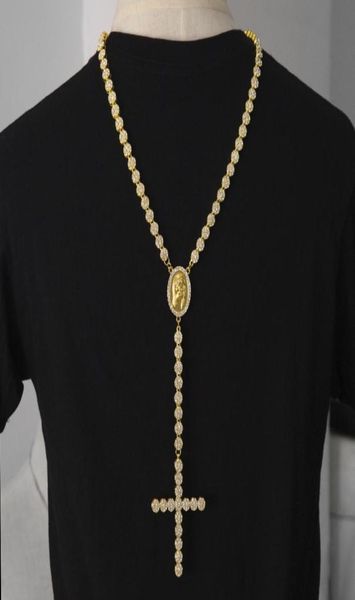 Мужчины роскошное длинное ожерелье Золото серебро с полным со стразами Иисуса Лицо с большим подвесным ожерельем Розарий Панк Ювелирные изделия6446836