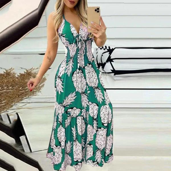 Abiti casual A-Line Abito silhouette Abito Floral Stampa Halter Neck Maxi For Women Hauvation Beachwear con design elastico in vita alta