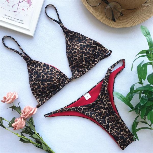 Kadın Mayo Leopar Baskı Bikini Kırmızı İç Seksi Kadınlar String Swimsuit Tatil Yukarı Üçgen Beach Banyo Takım Kıyafet