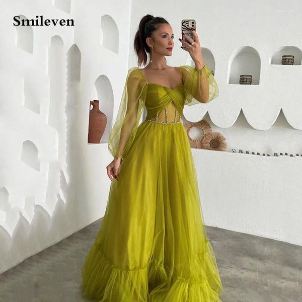Parti Elbiseleri Smileven Puff Sleeve Prom Bowns Bir Çizgi Boncuk Korse Gece Elbise Zemin Uzunluğu 2024 Özel Yapım