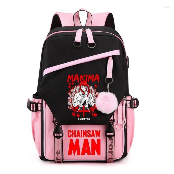 Sırt çantası Chainsaw Man Makima School Bag Manga Cartoon Bookbag Erkek Kızlar USB Port Çakası Genç Seyahat Sıralama Sıralama