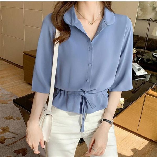 Blouses feminina Mulheres de verão Mulheres de mato de pescoço sólido V Manga de chiffon Camisa de moda coreana Lady casual fêmea de peito único