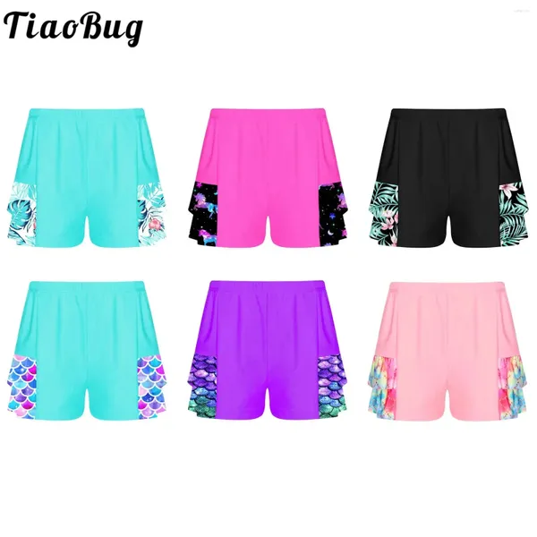 Menas de banho masculina Tiaobug Kids Girls 6 a 16 anos de natação shorts de estampa elástica de cintura de duas camadas de tração de praia surf