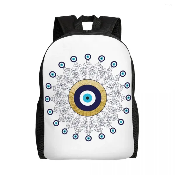 Schulbeutel Marine Blue White Mediterranean Evil Eye Mandala Muster Rucksäcke Bohemian Boho College Reisetasche Buchbag für 16 -Zoll -Laptop