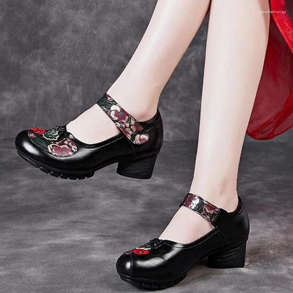 Kleiderschuhe Vintage Pumps ältere echte Leder Damen mittelschwere Absätze Mary Jane Mutter Red Block Heel Damen runde Zeh