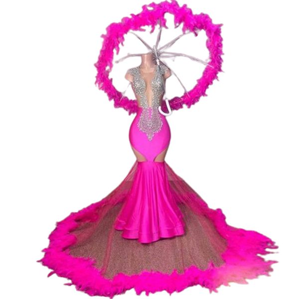 Exklusive Pink -Abschlussballkleider mit Feder Fishtail Meerjungfrau Diamond Afrikanische Abendkleider elegante schwarze Mädchen Geburtstagsfeier Roben Mariage Vestio de Promdress