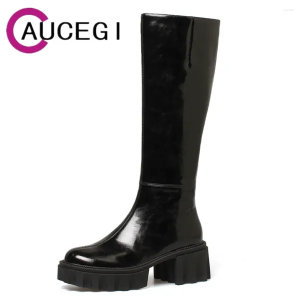 Stiefel Aucegi 2024 Ins Frauen Knie High Patent Leder warme Plattform Dicke Heels Reißverschluss runde Zehen Anti-Wasser-Party Casual Schuhe