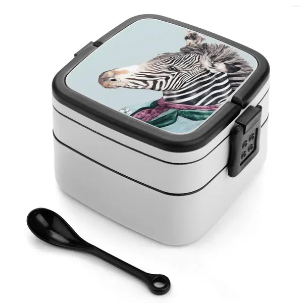 Geschirr Zebra Blue Bento Box tragbares Mittagessen Weizen Strohhalm Vorbehalt Tier Porträttiere in Safari Kindergarten