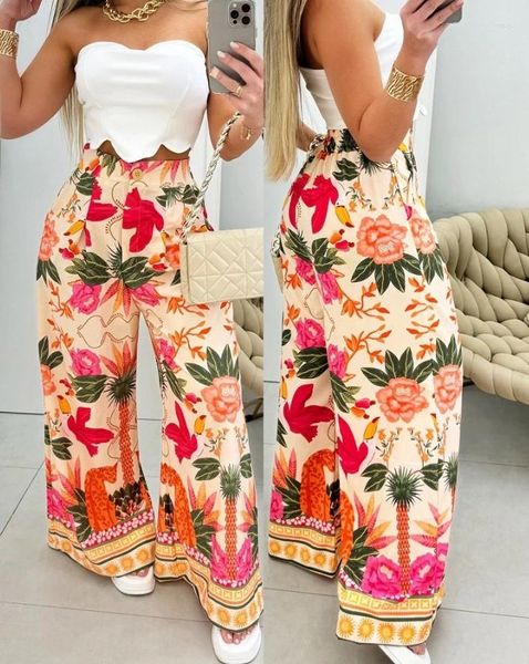 Pantaloni da due pezzi da donna Set Women Outfit 2024 Elegante fascia asimmetrica Top Fashion Tropical Floral Animal Geometric Print