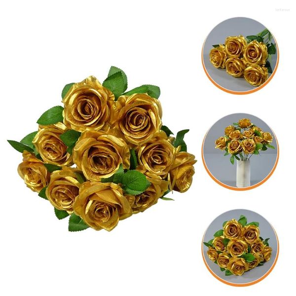 Flores decorativas Christmas Rose Gold Gold Flower Dining Decor Cerimônia de casamento Decoração floral Decorações artificiais de outono de seda