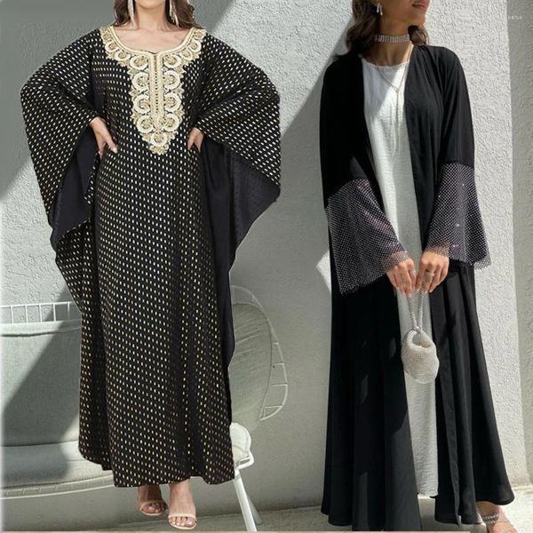 Ethnische Kleidung Nahe Osten Muslimischer Frauen schwarz eleganter Spitze Bronzing Robe Nida Stoff elastisches Diamantnetz