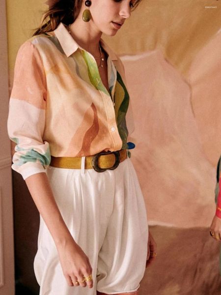 Blusas femininas espelho remar espelho floral blusa de algodão de algodão de lapela de manga comprida Cardigan camisa mulher mulher