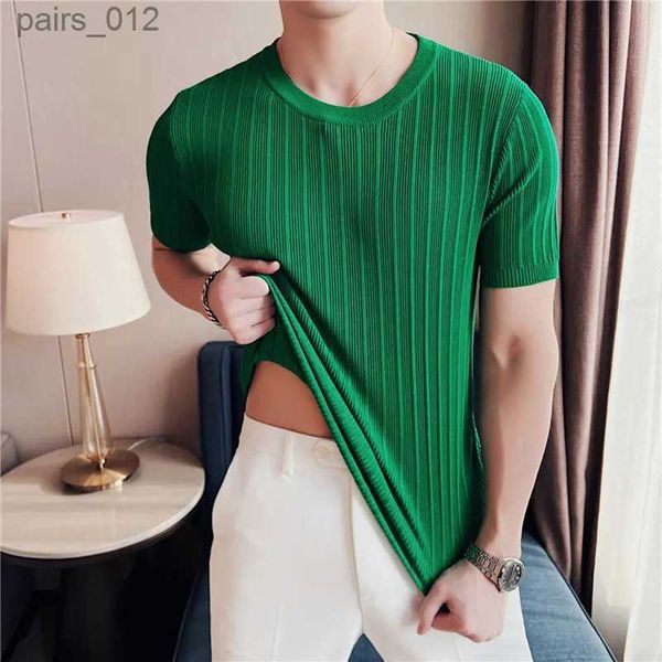 Magliette da uomo Magnello a maniche corta casual estate/uomo in forma rotonda a strisce elastica t-shirt a maglieria elastico t-shirt verde s-4xl yq240415