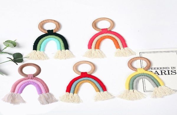 Rainbow Toy Tassel Tassel Macrame mordido de madeira Anel de chocolate Recém -nascido Teether Teether Sensory Molar Baby Shower Gifts1461704