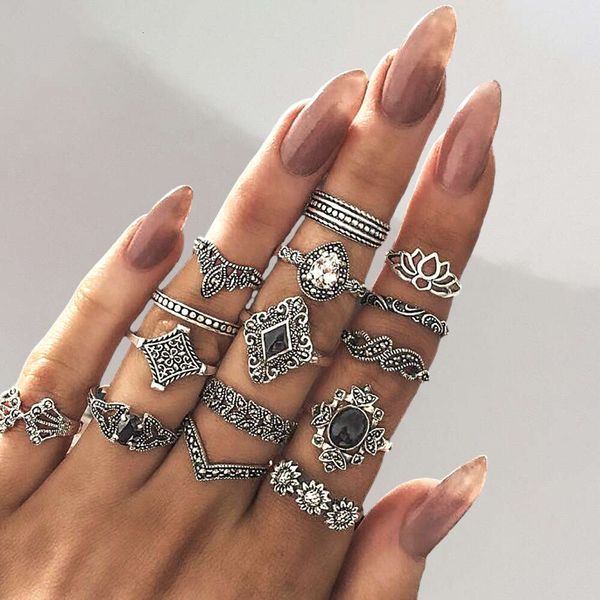 Il nuovo anello personalizzato da donna bohémien antichità di loto d'argento con 15 fingerrings