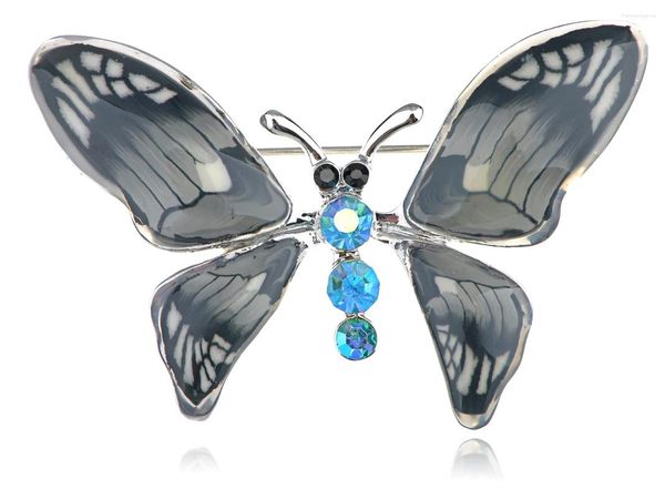 Spille smalto grigio smalto lucido dipinto a mano blu opale cristallo rinestone farfalla spilla per spilla