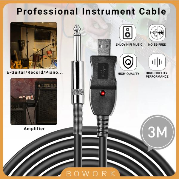 Cabos Drop Shipping 3m Guitar Bass 1/4 '' USB a 6,3mm Jack Link Connection Instrument Cabo de 10ft Cabo de gravação USB com indicador de LED