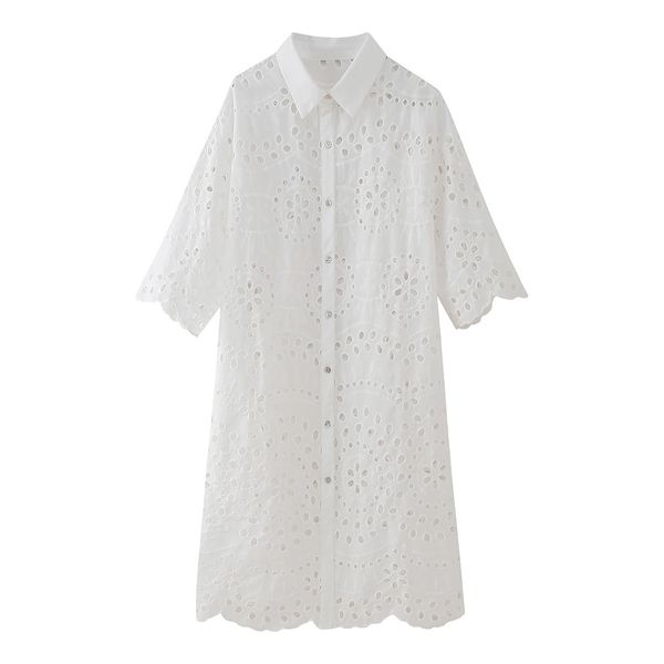 Белое длинное платье рубашки См. Впадисное вышивание на хлебах носит женщины летнюю одежду 240415