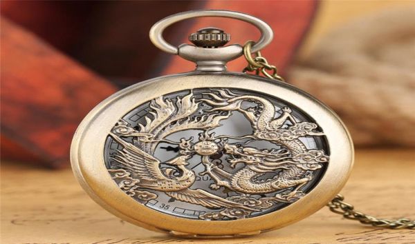 Retro Hollow Dragon Phoenix Design Men Women Quartz Pocket Watch Chain Chain Fashion Relógio Cool Crianças Presente Reloj5785875