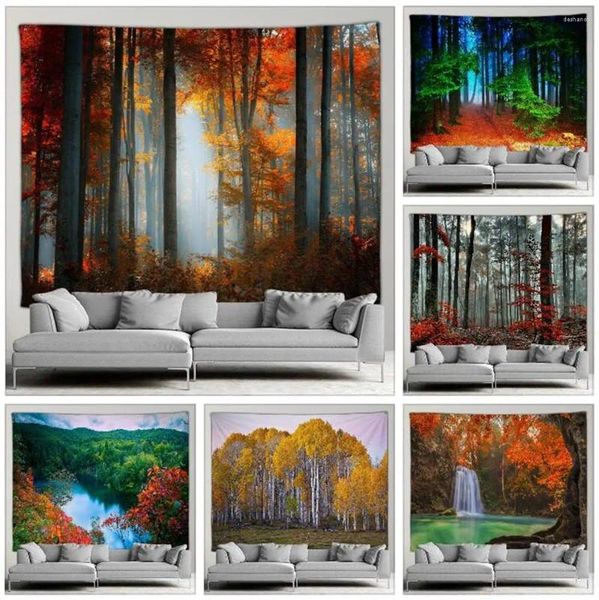 Wandteppiche im Freien Landschaft Wandteppich Wald Wasserfall Herbst Natur Red Blätter Hausgarten Wand Hänge Kunstdekor Tuch Wandbildschirm