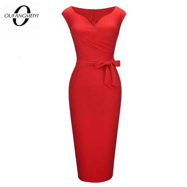 Herbst Frauen sexy Low -Cut -Kappenhülle mit Schärpe Cocktailparty Elegant Bodycon Bleistiftkleid EB644 240415