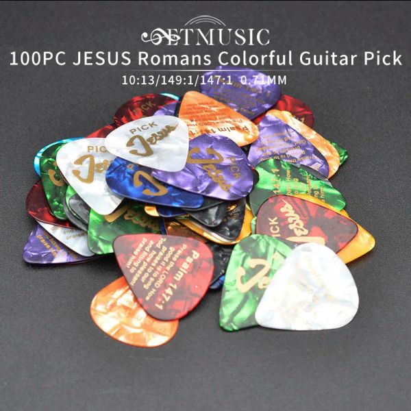 Cabos 100pc Jesus Cellulóide Guitar Pick 0,71mm Palavras de ouro Romanos 10:13 Salmo 149: 1 Salmo 147: 1 Mix Color