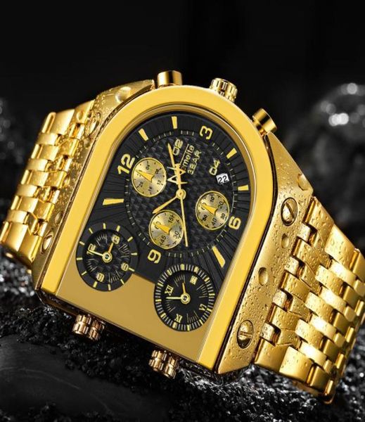 Temeite Quartz Mens Watch Top Brand Luxury Golden Clock 3 часовой пояс Дата ремня из нержавеющей стали военные негабаритные наручные часы 21036336810