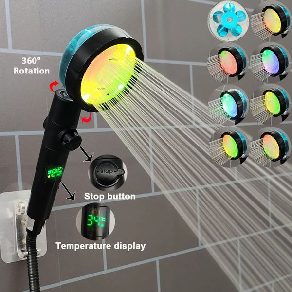 360 Rotation LED Digitale Temperatur Display Duschkopf Turbo Lüfter Propeller Duschhead Ein Schlüsselstopp Badezimmerzubehör 240415