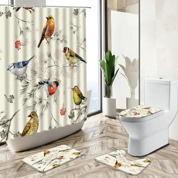 Cortinas de chuveiro Cortina de pássaro floral Flores animais pintados à mão Banheiro de banheiro chinês não deslize tampa do vaso sanitário tapete lavável