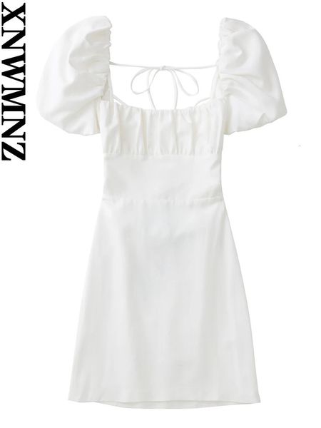 Xnwmnz Women White Fashion Linen Blend Dress Feminino Piano Feminino Mangas curtas Puff Backless Crossover tiras para feminino 240415