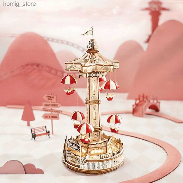 3D Puzzles Robotime Rokr Parachute Tower Diy Music Box Building Block Park Series para crianças Adultos Montagem fácil 3D Puzzle de madeira Y240415