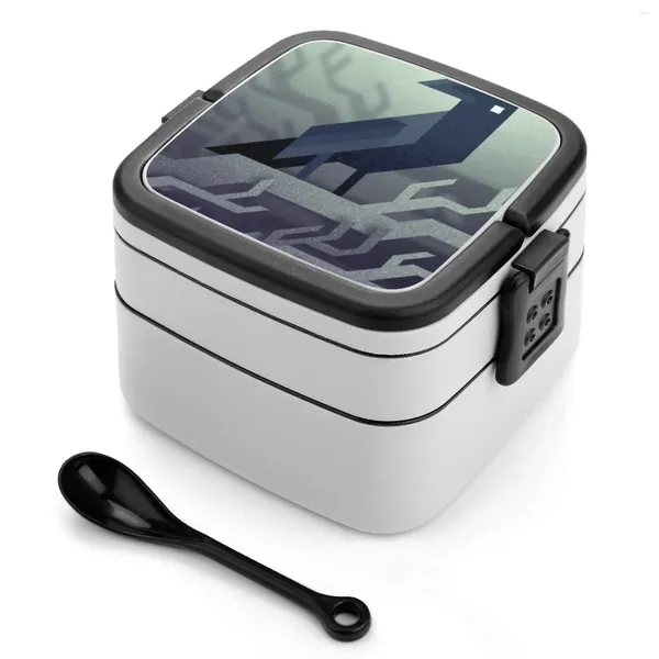 Dinnerware Raven Bento Box portátil Almoço de trigo contêiner de armazenamento Crow Bird Pird Pixel Pixelized retro personalizado duplo