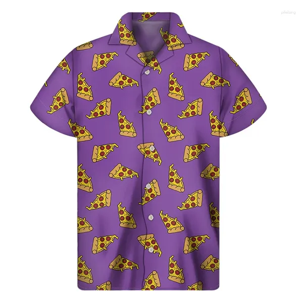 Camisas casuais masculinas Cartoon Pizza 3D impressão havaiana para homens Padrão de comida de verão Botão de lapela Bottle Street LOPS LOLHAS DE MANEIRAS CURTAS Blusa Tops