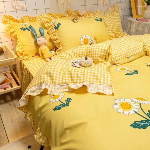 Bettwäsche Sets gelbe kreative Blumen Ästhetik süßes flauschiges Set für Mädchen Schlafzimmer Couette de Lit Home Dekoration BD50CJ