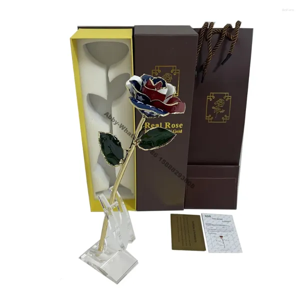 Fiori decorativi colorati 24k oro immerso rosa con stander acrilico US Flag Love in Box Girlfriend Wedding Regali di Natale per lei